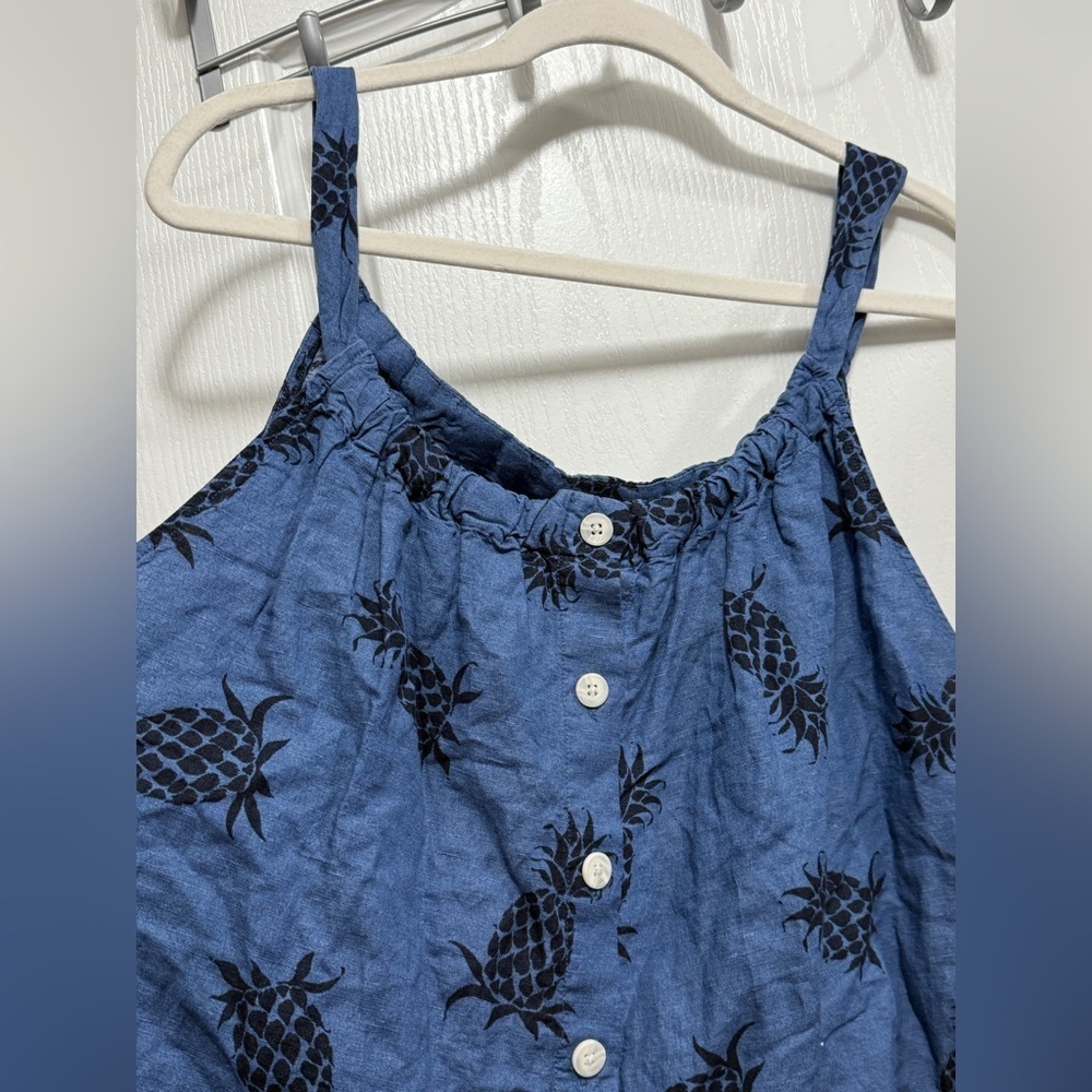 GAP Button Front Tank Top Linen Blend Women's XL Blue Pineapple Tropical Beach - Picture 3 of 15